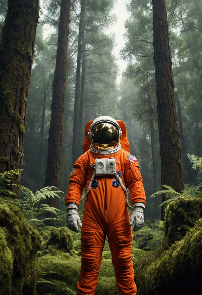 best quality, imposing, epic scene, astronaut in orange suit looking front and close, with a forest behind