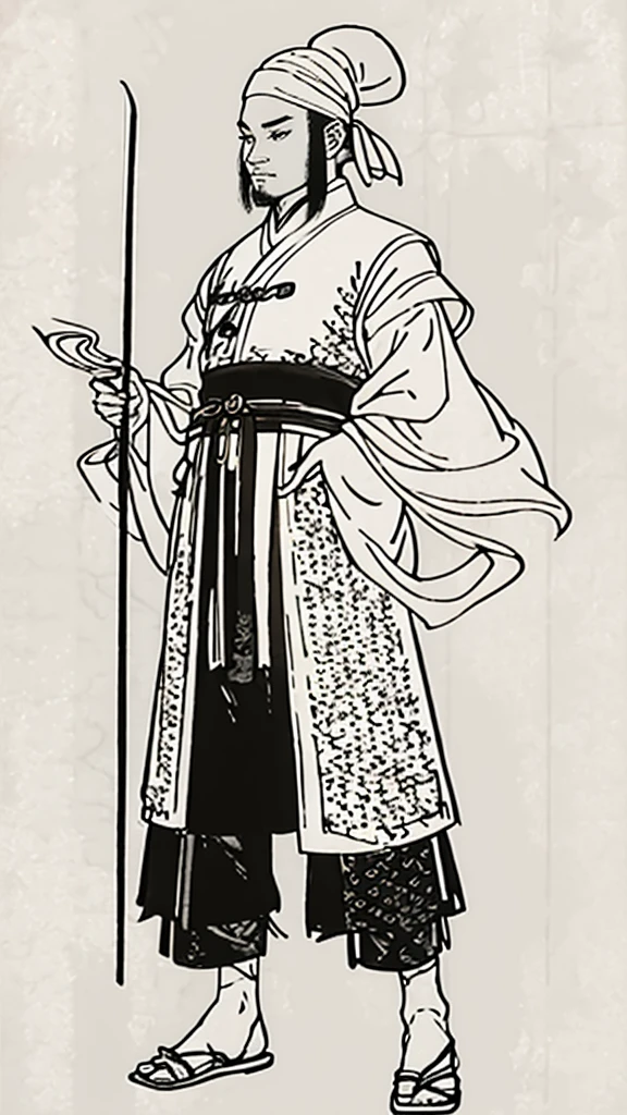 (((Monochrome)))、(((Ink Painting)))、((ancient china、Handsome young man with a bun and a white swimming cap))、Hands on hips、Holding a stick in your right hand、Line art、Oriental、Ultra-high resolution、Game Poster、Crisp and beautiful image quality、whole body ,(ancient china鎧, Dragon head on shoulder, (ancient china鎧 with intricate pattern:1.2), gloves, Long trousers, (Very detailed, bloom:1.5), (Highest quality, Concept Art, 4K), (analog:1.2), (high sharpness), (Detailed pupil:1.1), Detailed face and eyes, masterpiece, Highest quality,8k, (Black Hair, Dynamic Short Hair), (PurerosFace_v1:0.2), [:(Detailed face:1.2):0.2], sharp, Realistic Shadows,