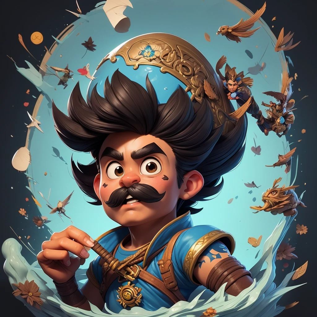 Draw a young brown man, robust and low, with soft features and oriental and Amerindian features, bushy eyebrows, face with spots, arms tattooed with Japanese oriental art on one arm and realism on the right, short and low hair, square Van Dyke musketeer style goatee and thick mustache, smooth jaw, wearing an XXL oversized black band shirt with the inscription &#39;Brutal Kill&#39; in blackmetal goth style fonts over a white print of a goat with three red eyes. He wears long black Nike basketball-style XXL sports shorts, pantyhose preta cobrindo as pernas, and dark brown boots with yellow lines from CATERPILLAR. reference: top trendings para realismo, digital art and comics. Blue shadows with yellow and turquoise lights and backlights in a suburban setting at night