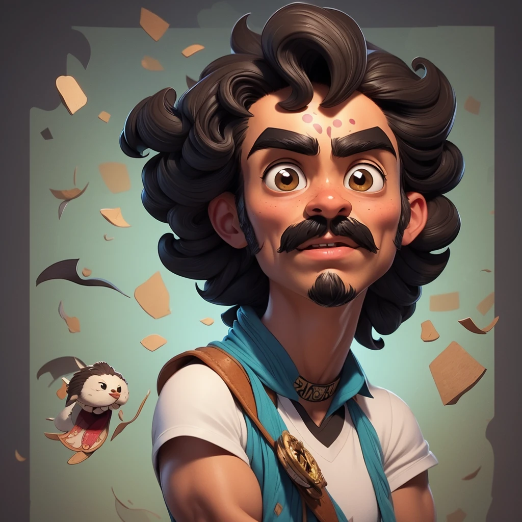 Draw a young brown man, robust and low, with soft features and oriental and Amerindian features, bushy eyebrows, face with spots, arms tattooed with Japanese oriental art on one arm and realism on the right, short and low hair, square Van Dyke musketeer style goatee and thick mustache, smooth jaw, wearing an XXL oversized black band shirt with the inscription 'Brutal Kill' in blackmetal goth style fonts over a white print of a goat with three red eyes. He wears long black Nike basketball-style XXL sports shorts, pantyhose preta cobrindo as pernas, and dark brown boots with yellow lines from CATERPILLAR. reference: top trendings para realismo, digital art and comics. Blue shadows with yellow and turquoise lights and backlights in a suburban setting at night