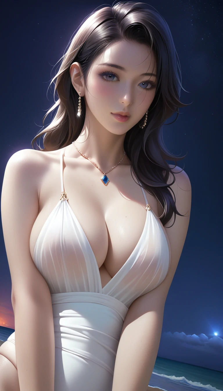 score_9, score_8_superior, score_7_superior, Masterpieces with up to 16K resolution,Highest quality,it is really amazing,Very detailed,Ultra-high resolution,(Ultra-realistic:1.1),(Realistic:1.1),Increased depth of field,Cinematic lighting,
Elegant Japanese MILF,
Long black hair,Ultra-detailed and beautiful faces,Translucent white skin,Very detailedな肌,
(Elegant swimwear:1.1),
Bold design,Artistic design,Beautiful and detailed pattern,Detailed fabric texture,
Gorgeous necklace,Earrings,
(Bali Beach:1.1),(Dark beach at night:1.1),(Deserted beach:1.1),(A pitch black night sky with dark clouds:1.1),
(Dramatic Angle:1.2),