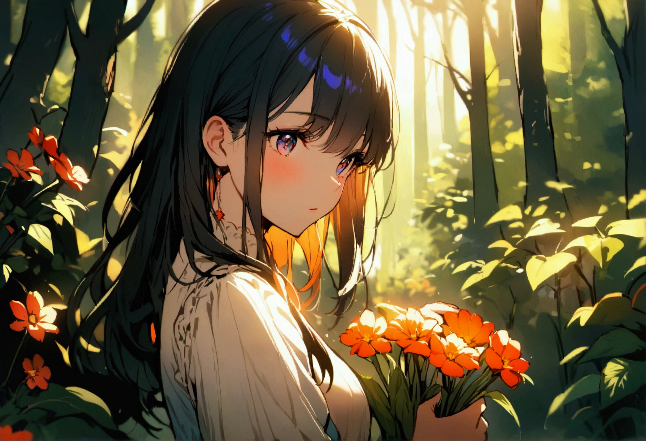 Flower picking, In the woods, ,Vibrant colors,Soft lighting