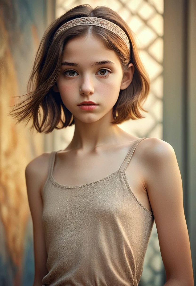 (Cinematic photo:1.3) From (Thigh-length photos:1.3),(skinny:1.3) Beautiful 12 year old girl, (complex brown hair), Highly detailed texture кожи, realistic texture кожи, looks straight into the camera, (looks at the viewer) ), pout, , Shine, Dramatic, Dreamy,, elegant, strange, gentle, Highly detailed, difficult, UHD Digital Photography, , skinny shoulders, Photo to the knees , beautiful young girl, big, Beautiful body, highly detailed full-length shot, Dreamy, , strange, gentle, detailed hair band, Highly detailed texture, realistic texture, digital painting, highly detailed photo, (art deco: 1 .хFromоралFromм:1.3),(Classic realotm:1.3),(Fujifilm Superia:1.3),, golden hour light,