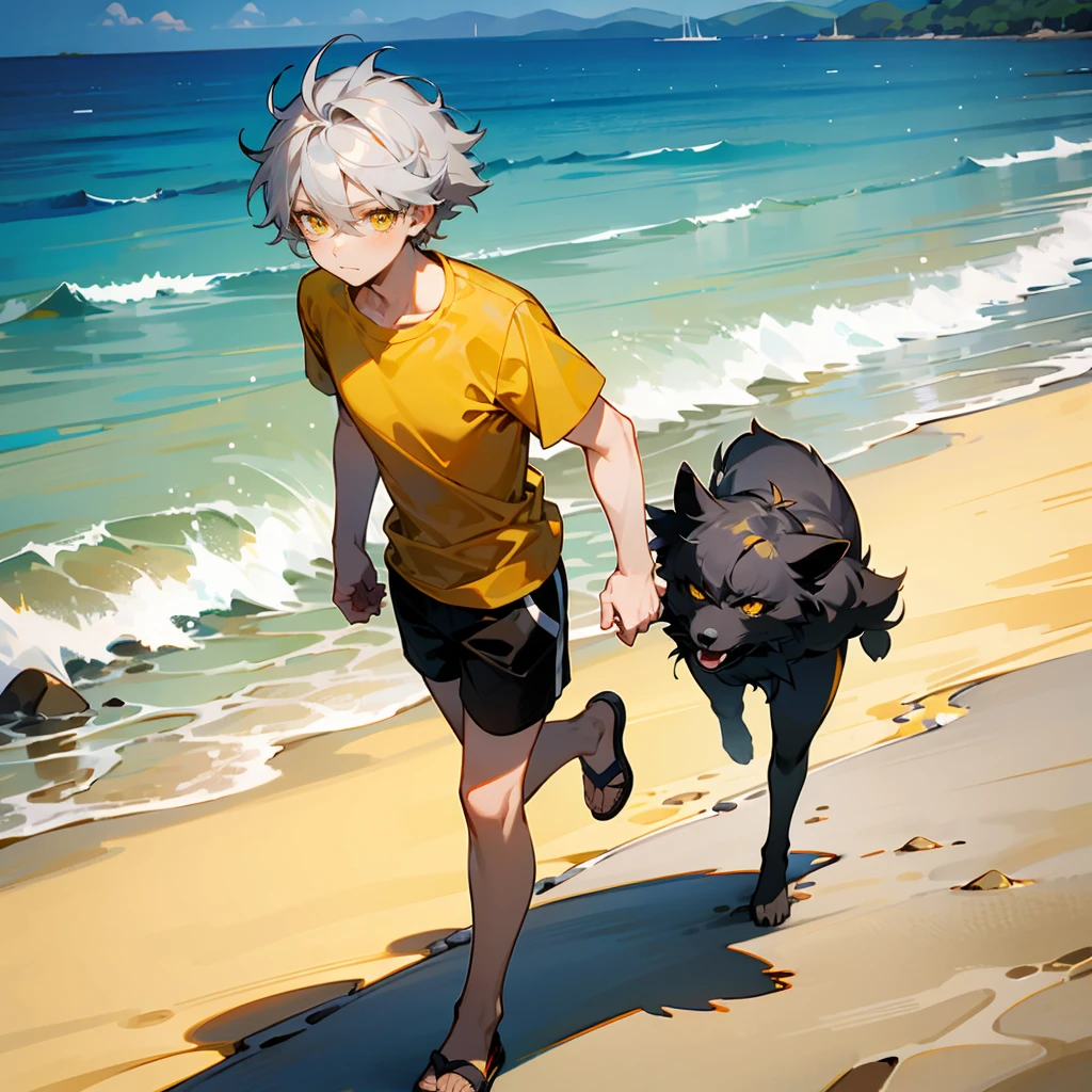 1male, Silver Hair, Yellow T-shirt, Messy Hair, Black Shorts, Sandals, Amber Eyes, Calm Expression, Athletic, Regular Ranker, Young Male, Beach, Walking on the Shore