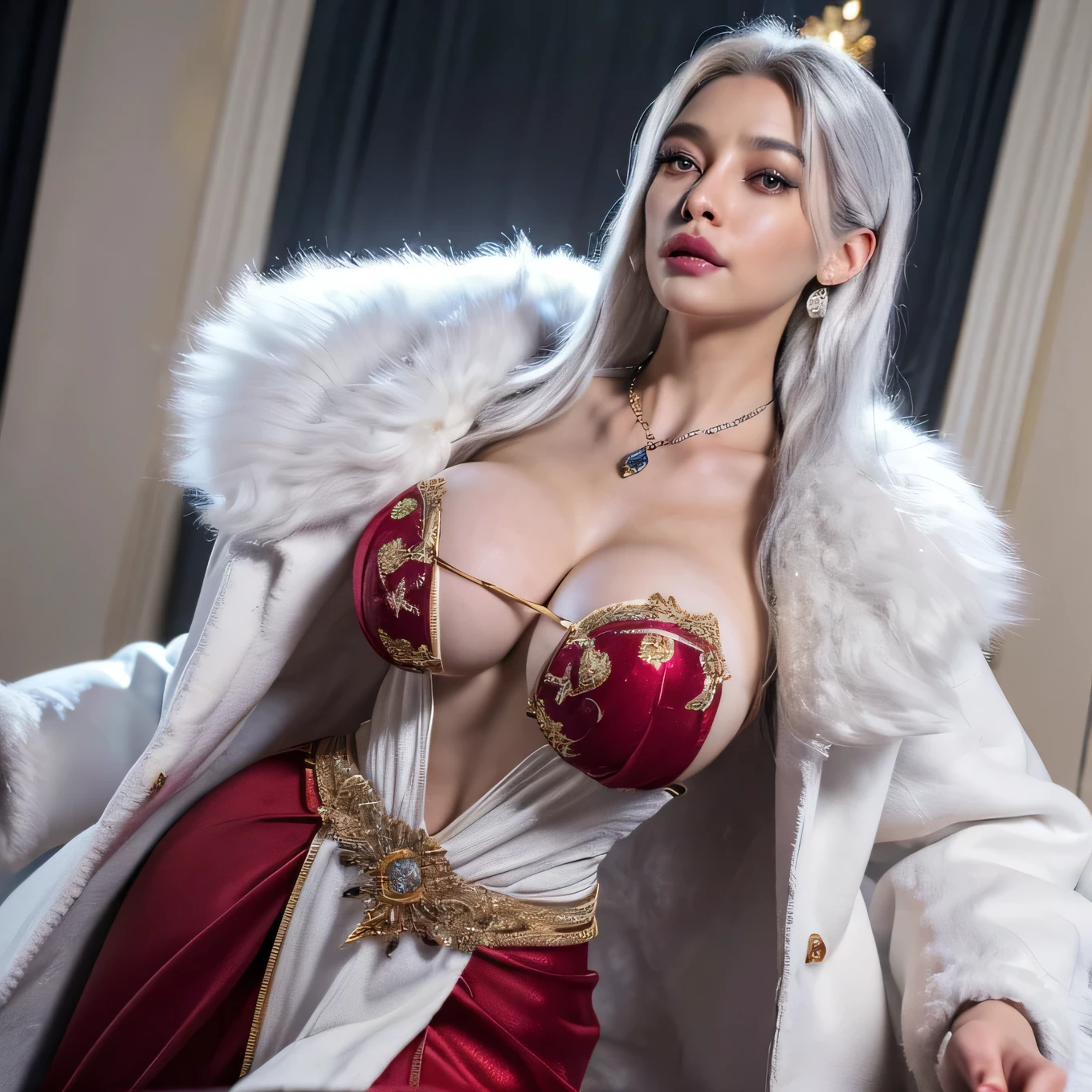 Woman,1 Woman,((milf,mom,mellow,mellow Woman,age 45, Woman,grown-up)),(breasts big:1.5),saggy breasts,(((White hair:1.4,slickedback hair,long hair:1.4,colored inner hair))),((yellow_eyeballs:1.3)),intrikate eyeballs,beautiful detailed eyeballs,symmetrical eyeballs,((((darkskin:1.4,shining skin:1.5,shining skin: 1.5,skin tanned,shining skin,very shining skin,shinny body,brightened skin)))),(spider lower abdomen,narrow waisted,wide hip,baby bodysuit,inflated legs,thick-thighs,delicate and detailed fingers),(((face detailed))),
cute,slutty,sensuous,seducer look,seducer,((erotic)),opulent,sumptuous,eagerly,((NSFW)),
Queen,goddess,fancy,(beautiful winter silver clothes,know that),((strapless redgown,very long red skirt,redgown)),(silver clothes),(((ice jewelry,intrikate necklace,christmas jewelry,detailed outfit))),neckleace,know that,((eyeballshadow,elegant makeup,eyelid makeup,GOLDEN LIPS,GOLDEN LIPStick)),((transparent loin cloth:1.1)), (((Sexy white fur coat, white fur coat outfit, wearing a white fur coat:1.3,white winter coat))),red gloves,(((intrikate outfit,intrikate clothes,embroidered clothing,ornate outfit,Embroidered clothes,ornate clothes))),
(dynamic pose:1.0),embarrased,(centred,scale to fit dimensions,rule of thirds),
por dentro,hinterland,((cozy gothic bedroom)),Scenario:1.25,((intrikate Scenario)),((winter decorations)),Christmas tree,
(Bright Winter Ornaments),high resolution,sharp focus,(ultra detaild,extremely detaild),(photorealistic art:1.37),(extremely detaild CG unity 8k wallpaper),(((swirly vibrant colors,vibrant theme))),(intrikate),(work of art),(best qualityer),