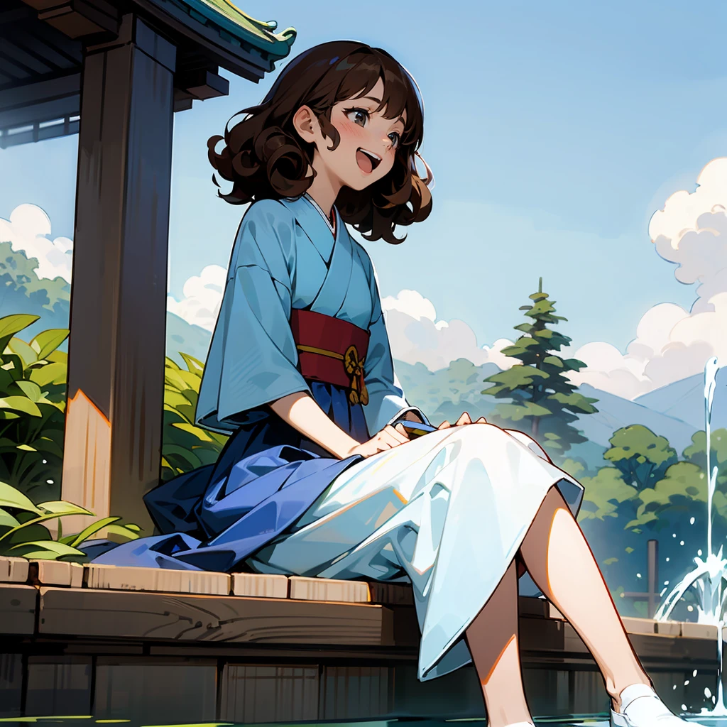 1female, Brown Hair, Blue Hanbok, Curly Hair, White Flats, Traditional Korean Attire, Grey Eyes, Laughing, , Wave Controller, Adult Female, Garden, Sitting by a Fountain