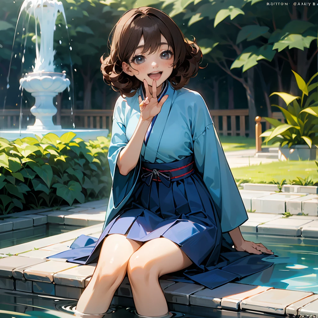 1female, Brown Hair, Blue Hanbok, Curly Hair, White Flats, Traditional Korean Attire, Grey Eyes, Laughing, , Wave Controller, Adult Female, Garden, Sitting by a Fountain