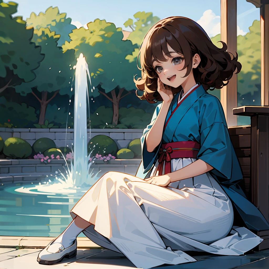 1female, Brown Hair, Blue Hanbok, Curly Hair, White Flats, Traditional Korean Attire, Grey Eyes, Laughing, , Wave Controller, Adult Female, Garden, Sitting by a Fountain