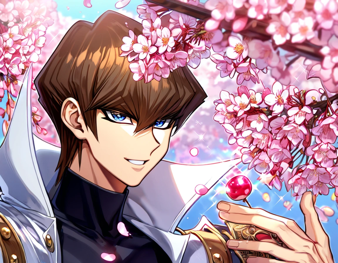 absurdres, highres, ultra detailed, HDR, master piece, best quality, extremely detailed, Kaiba Seto, brown hair, expressive blue eyes, Yu-Gi-Oh, solo, sexy man, handsome, handsome smile, sensual, white coat, black shirt, magical, sparkling, pink glittering fireflies, pink ice, pink ice butterflies, pink ice petals, pink ice cherry blossoms, pink crystal, pink flowers