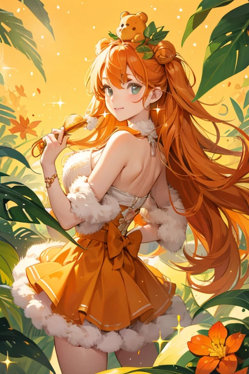 An orange GIRL bear Num with a silly squinting expression. SHe has a stem on hER head with a leaf on the right. SPARKLE; GLITTER