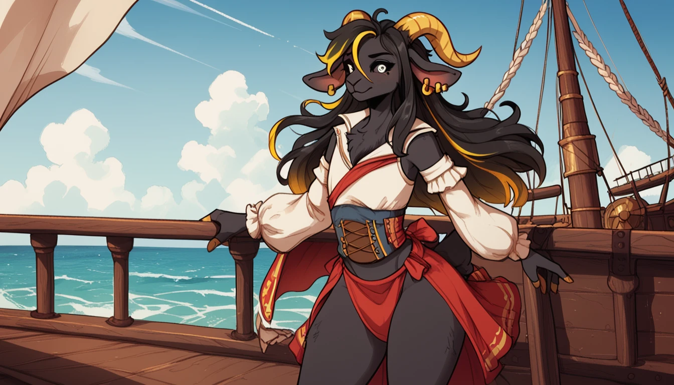 boy, anthro, furry, black fur, fluffy fur, goat boy, femboy, black hair (yellow highlights), black sclera, white eyes, long hair, Messy hair, many earring piercings, (19 years), thicc thighs, (wearing pirate clothes) , shy expression, (ocean background) , (on a pirate ship) , crowds of sailors in the background, sensual pose, (soft shading), score_9, score_8_up, score_7_up, score_6_up, score_5_up, score_4_up