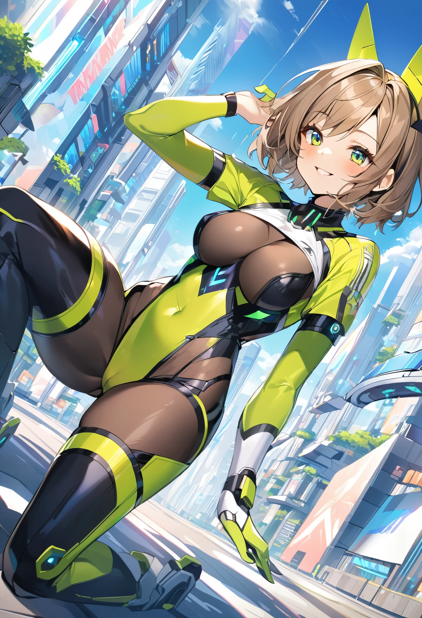 aile_megamanzx, kneeling with one hand on the ground and the other arm raised, 1girl, solo, short hair, brown hair, short sleeves, (bodysuit), robot ears, green eyes, very_short_shorts, short sleeves, short over long sleeves, smile, in futuristic city, , high quality, medium_breasts,crotch, slouch,groin,dynamic_angle