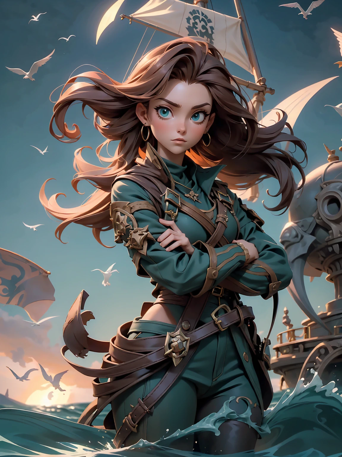 A captivating artwork of a fearless female pirate standing on the deck of a grand ship. The full-body view showcases her in rugged, stylish blue and brown attire, exuding an aura of adventurous spirit and daring courage. Her wild, curly auburn hair frames a face of striking beauty, highlighted by sharp green eyes that radiate determination and mischief. She holds a cutlass, ornately decorated and glowing with an aura of danger, adding to her formidable presence. The scenery around her is a vast ocean with a blazing sunset, casting golden hues on the waves. The sails billowing in the wind and seagulls circling above enhance the atmosphere of swashbuckling adventure, creating a scene of high-seas thrill.