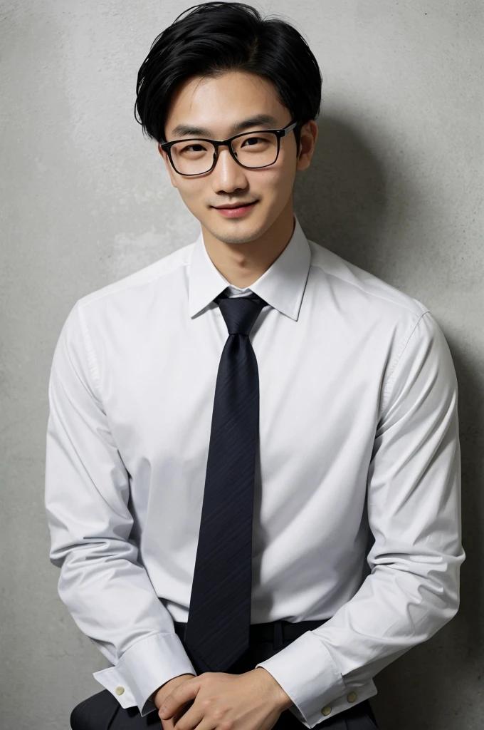 （Direct Image）Asian people, 30 years old, project manager。wear glasses，He wore a dark suit., Pair it with a white shirt and dark tie.。His hair is neat., The face is completely clean., round face，short hair，Eyes reveal intelligence and confidence.。He smiles and looks at the camera., Convey a professional and competent tone., Ultra High quality, Masterpiece, textured skin, High quality, high resolution, best quality, Highly detailed，half length photograph，ID photo