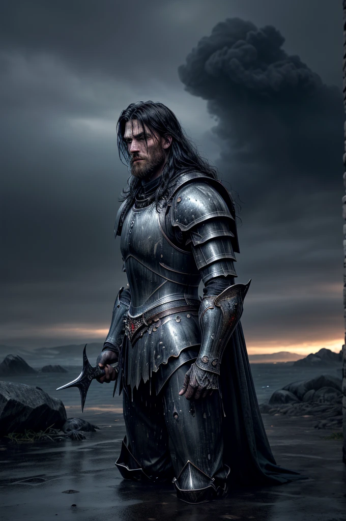 (best quality,4k,8k,highres,masterpiece:1.2),ultra-detailed,(realistic,photorealistic,photo-realistic:1.37), lone wolf knight kneel on the battlefield, exiled knight, imposing grim figure, otherworldly, terrifying, highly detailed face and body, weathered full plate armor, broken armor, blood stain on the armor, great sword, (rain heavily:1.4), dark cloud in the sky, human features and proportions, dark, ominous atmosphere, dramatic lighting, cold color palette, demonic energy emanating, powerful presence, ethereal beauty, herculean strength, captivating gaze, unsettling presence, haunting and mesmerizing, horrifyingly enchanting