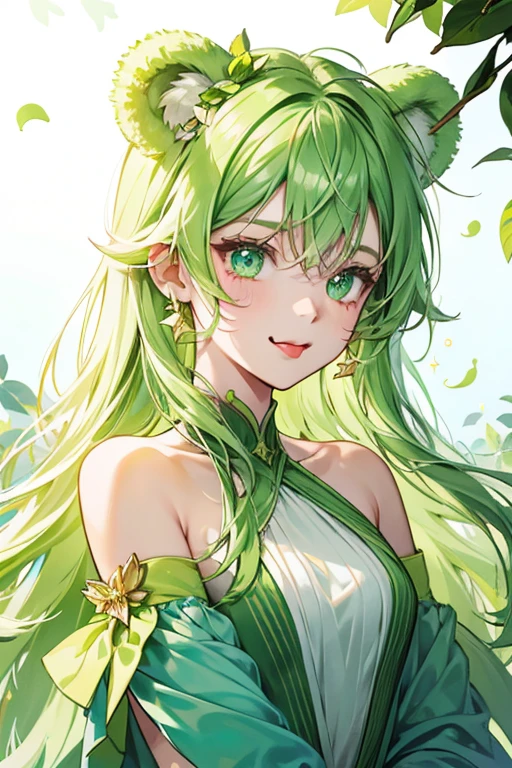 A light green lime with GIRL bear ears. HER eyes are squinted shut and She sticks his tongue out. HER stem and leaf are a darker shade of green. SPARKLE; GLITTER