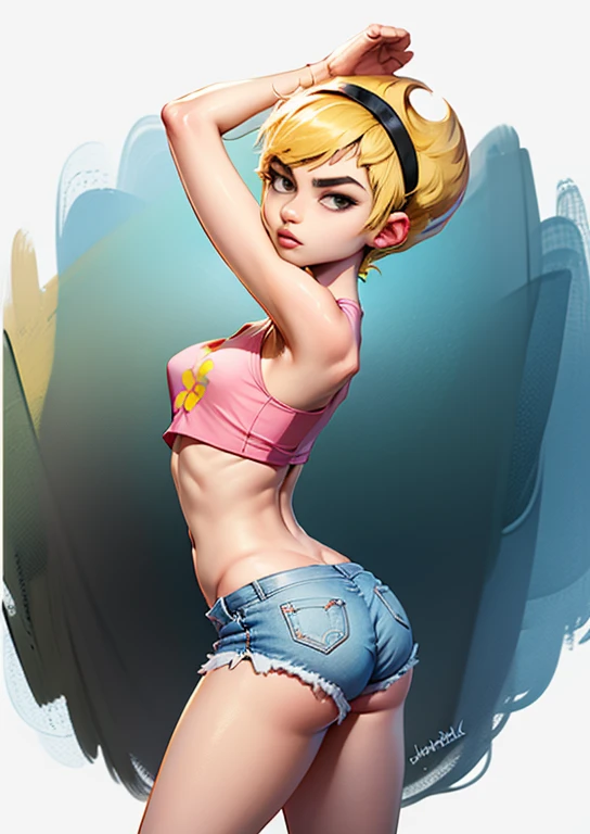 masterpiece, high quality, highres, absurdres, booty shorts. mandy, blonde hair, short hair, black eyes, black headband, sharp hair, ,expressionless, pink camisole crop top, 1girl, ((medium breasts, arms raised)), interesting background