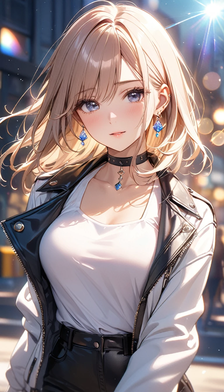 best quality, super_delicate, beautiful, 8k, jacket, earrings, leather choker, lens_flare