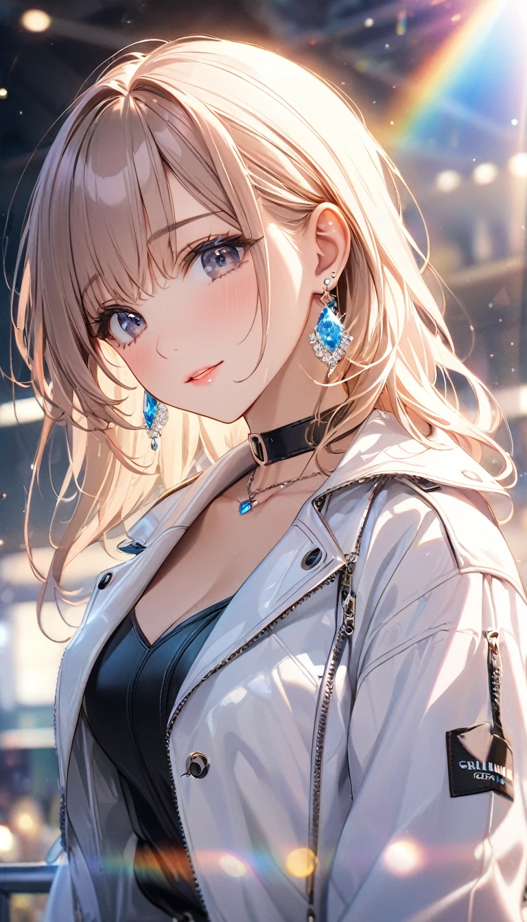 best quality, super_delicate, beautiful, 8k, jacket, earrings, leather choker, lens_flare