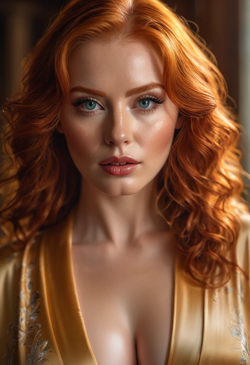 A beautiful redhead with large breasts, wet hair, wearing a silk robe, detailed eyes, beautiful detailed lips, extremely detailed face, longeyelashes, elegant pose, photorealistic, high quality, 8k, masterpiece, vivid colors, warm lighting, cinematic, dramatic, sensual
