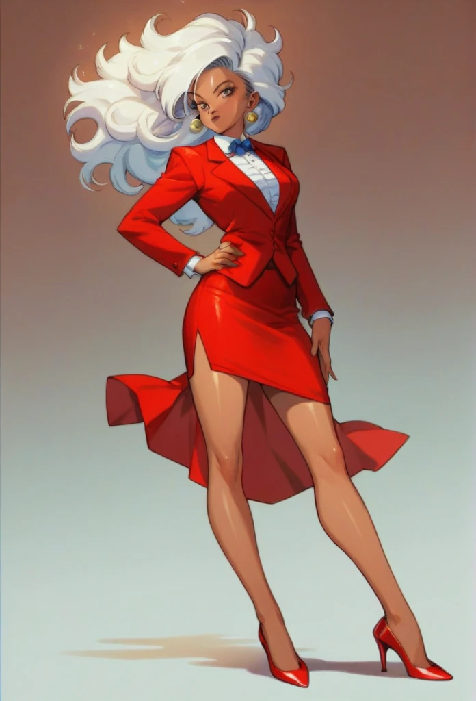 90s anime style Brown skinned female android from dragon ball z in a red skirt suit full body skinny formal red suit and formal red skirt and formal red heels and dark brown skin and white hair