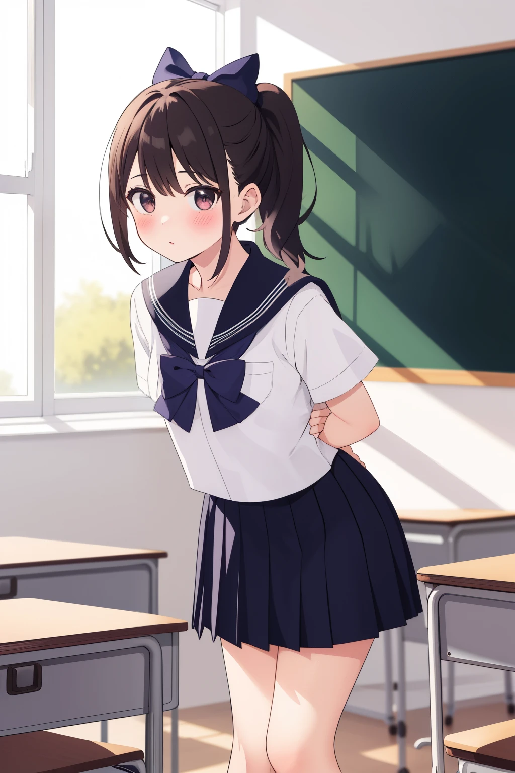 ultra-detailed,masterpiece,best quality,jcf, 1girl,,black ponytail,large bow,blush,leaning forward,classroom,blackboard,desk,window,shirt,skirt, 