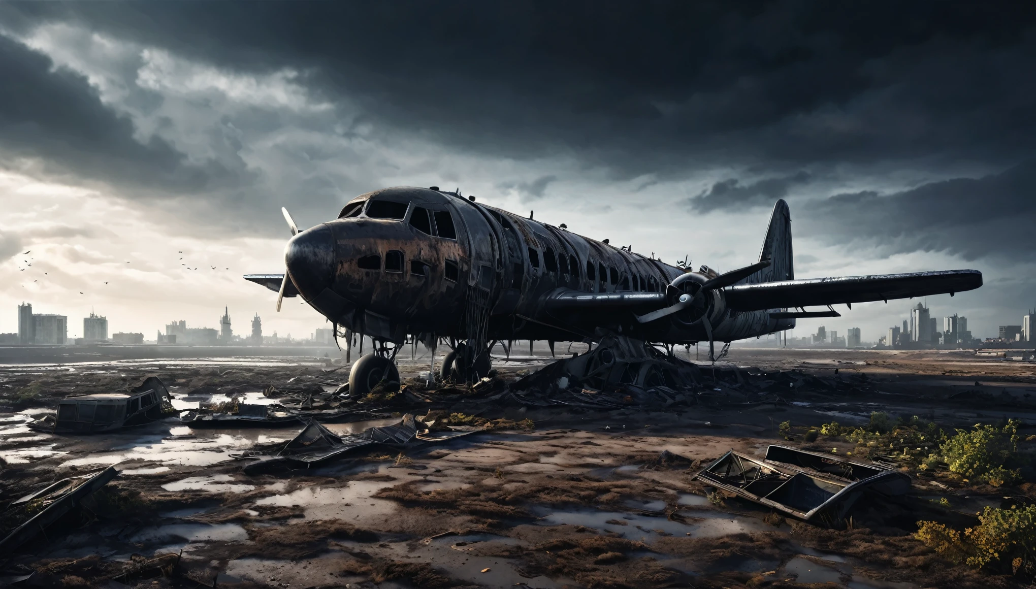surrealism gothic dark post apocalyptic city plane abandoned on the ground