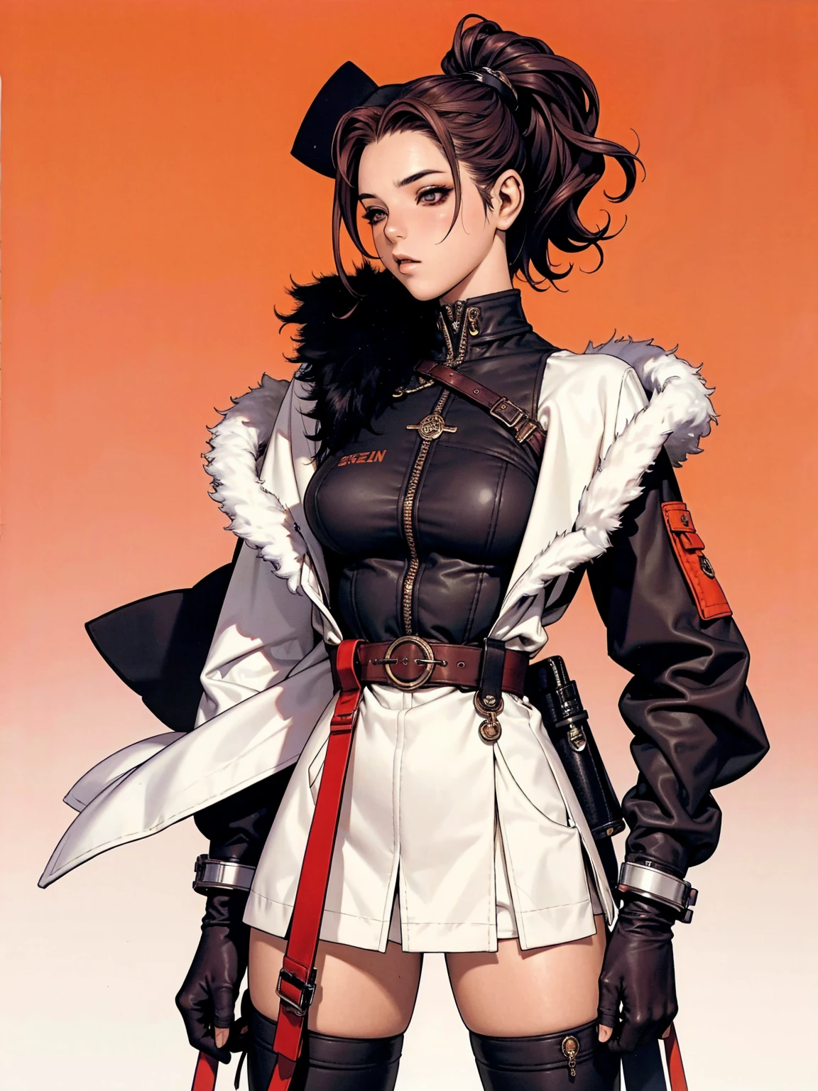slim, fancy,COMICS,elves,DRADRAGÕES,princesses,goddesses,Personagens,CHARACTERISTICS,role model,Belle, (((best qualityer: 1.4))),(Unbeatable masterpiece), (hiper HD),(CG 8k hyper-realistic), colored hair, ((( perfectbody ))), (((1 Kizi solo))), Bounty hunter in a futuristic manga, Kizi sexly de 25 anos com perfectbody, Beautiful and well-groomed face, muscular body:1.2, solid color detailed jacket, (Head to thigh photos), Complex equipment, Long pants, Tight, dark-colored clothes, With white stars and white stripes, Metal electronic parts on the armature, INFO, Kizi, (((standing alone))), pirralha violent, 14歳, sexly, pose de atitude, work of art, post-apocalypse, (((manga style))), bounty hunter, violent, Manic, the way you want, slenderbody, thin but strong, perfectbody, roupa moderna, advanced technology, messy bob hair, colored hair, (((best qualityer))), mini skirt, shorts or pants with pleats with a checkered pattern in red and black, fur collar jacket with spikes, sleeves with vertical striped pattern, neutral background, (( cowboy shot )). Simple background without details