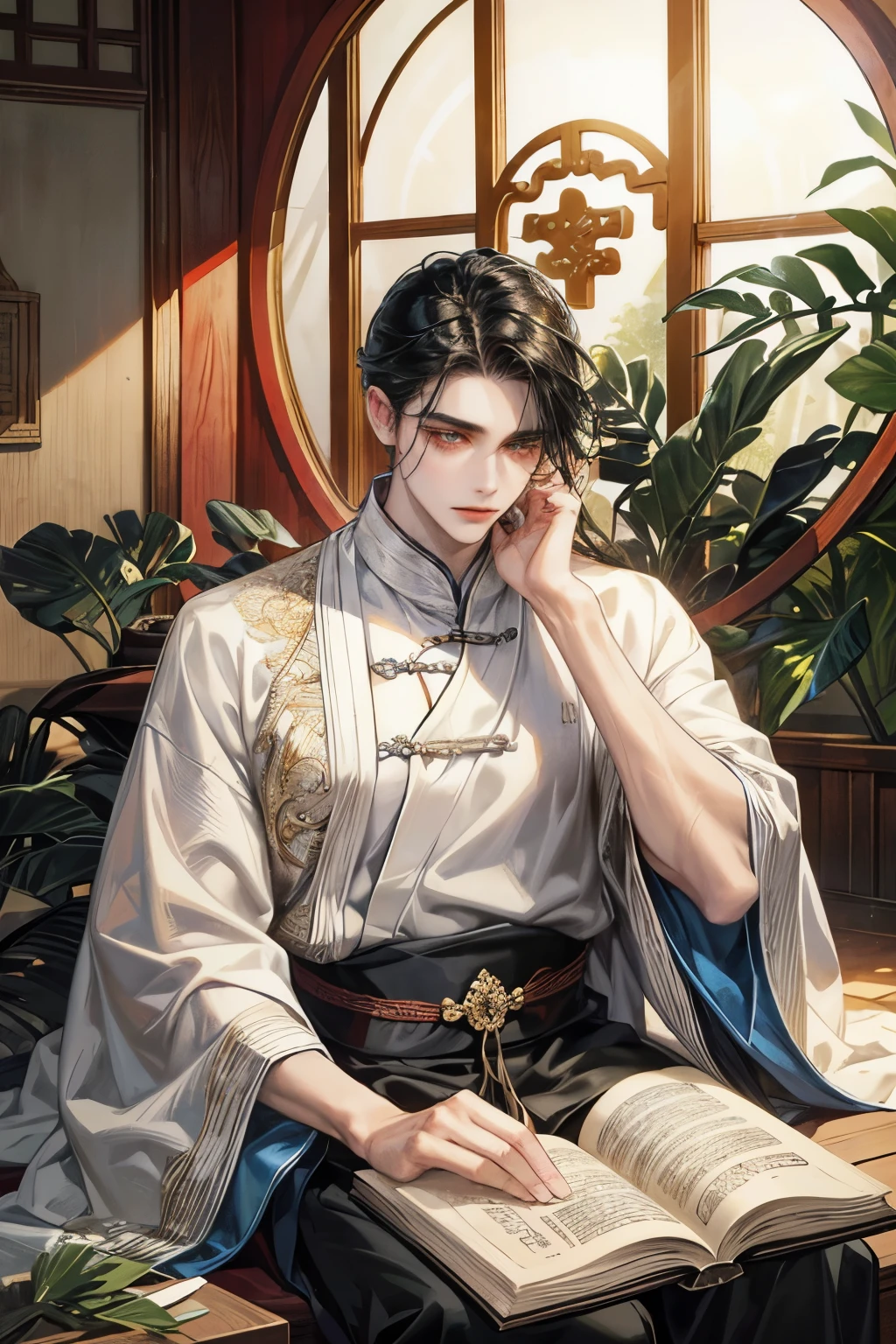 a ethereal handsome young man, looking. Very long black hair, beautiful eyes and long eyelashes. His skin glows, and he is wearing a loose-fitting, traditional Chinese white cloths, He is sitting on traditional Chinese wooden room, reading old book, Light from round wooden window, soft light, hi-quality, masterpiece, each hand have five fingers.
