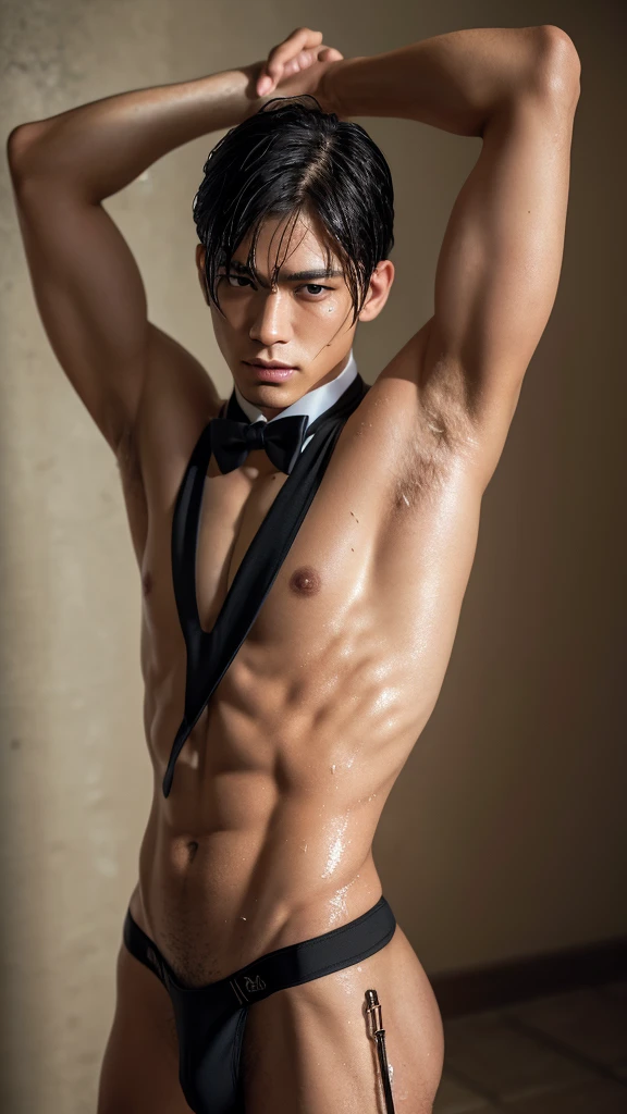 Highest quality, masterpiece, Ultra-high resolution, (Realistic: 1.4), Original photo, wallpaper, Head Photo, skin, Simple Background, iris, detailed, Underground Prison, Crucifixion,male,Half naked, Japanese,Age 27,Broad shoulders,chest plate is thick,Long eyelashes,High nose,Short Hair,Black bow tie, Black Trunks,Shackles at both wrists,Leg spread,Wet armpits