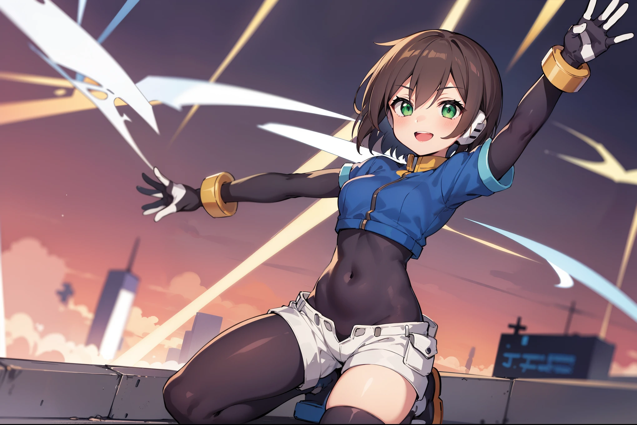 aile_megamanzx, kneeling with one hand on the ground and the other arm raised, 1girl, solo, short hair, brown hair, short sleeves, (bodysuit), robot ears, green eyes, very_short_shorts, short sleeves, short over long sleeves, smile, in futuristic city, , high quality, medium_breasts,crotch, slouch,groin