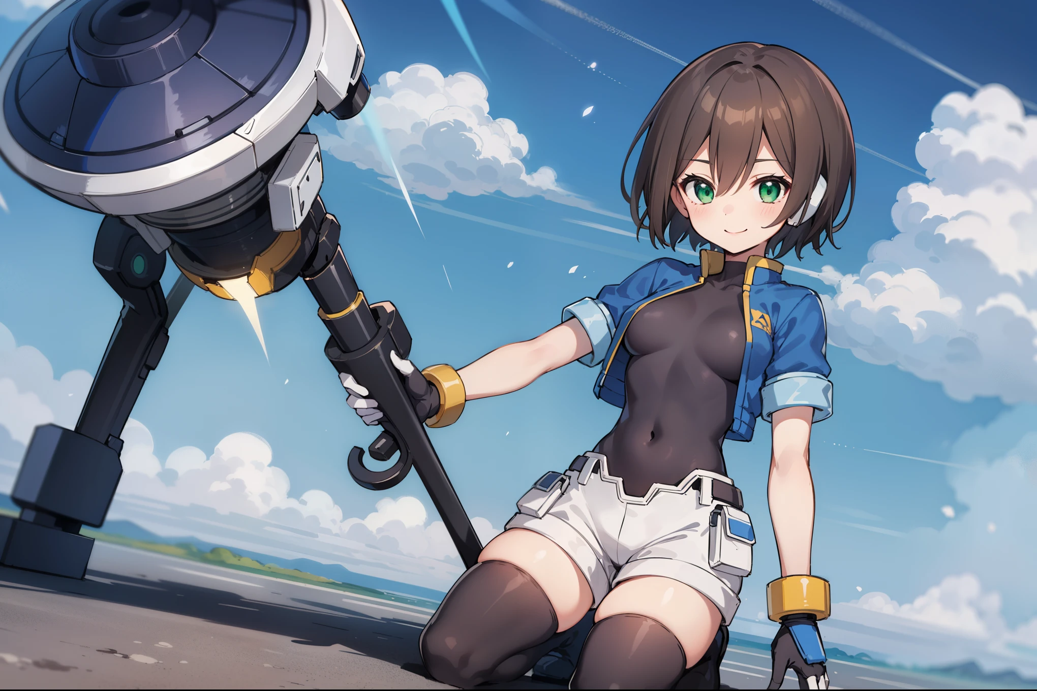 aile_megamanzx, kneeling with one hand on the ground and the other arm raised, 1girl, solo, short hair, brown hair, short sleeves, (bodysuit), robot ears, green eyes, very_short_shorts, short sleeves, short over long sleeves, smile, in futuristic city, , high quality, medium_breasts,crotch, slouch,groin