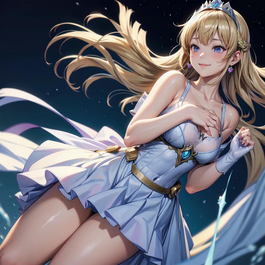 Hikari \(Xenoblade\), One girl, armor, bangs, Exposing shoulders, Blonde, chest, chestの谷間, Mouth closed, dress, Earrings, elbow gloves, eyelash, Floating Hair, gem, gloves, hair ornaments, hair band, Headpiece, jewelry, large chest, Lean back, Long Hair, Neon Trim, Official Art, Pause, saitou masatsugu, Side Lock, Fits perfectly to the skin, smile, alone, Are standing, swept bangs, tiara,very Long Hair, white dress,grassland