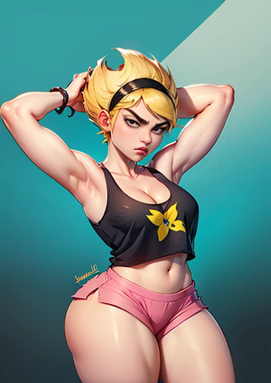 masterpiece, high quality, highres, absurdres, booty shorts. mandy, blonde hair, short hair, black eyes, black headband, sharp hair, ,expressionless, pink camisole crop top, 1girl, ((cleavage, thick thighs, arms raised)), interesting background