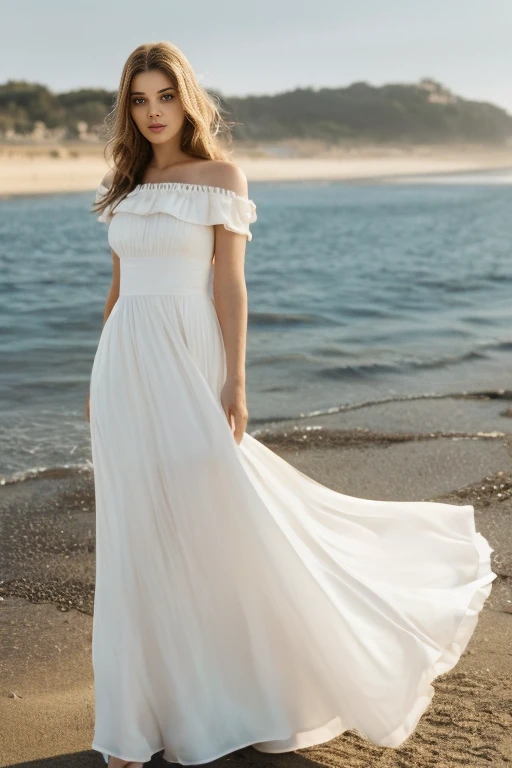 araffe woman in a White dress standing on a beach, Anne of arms, usando un White dress fluido, long White dress, wearing White dress, in a long White dress, retrato de Anne of arms, wearing a White dress, White dress, White dress, a beautiful woman dressed in white, Alan Fletcher, in a maxi White dress, wearing a stunning ivory dress