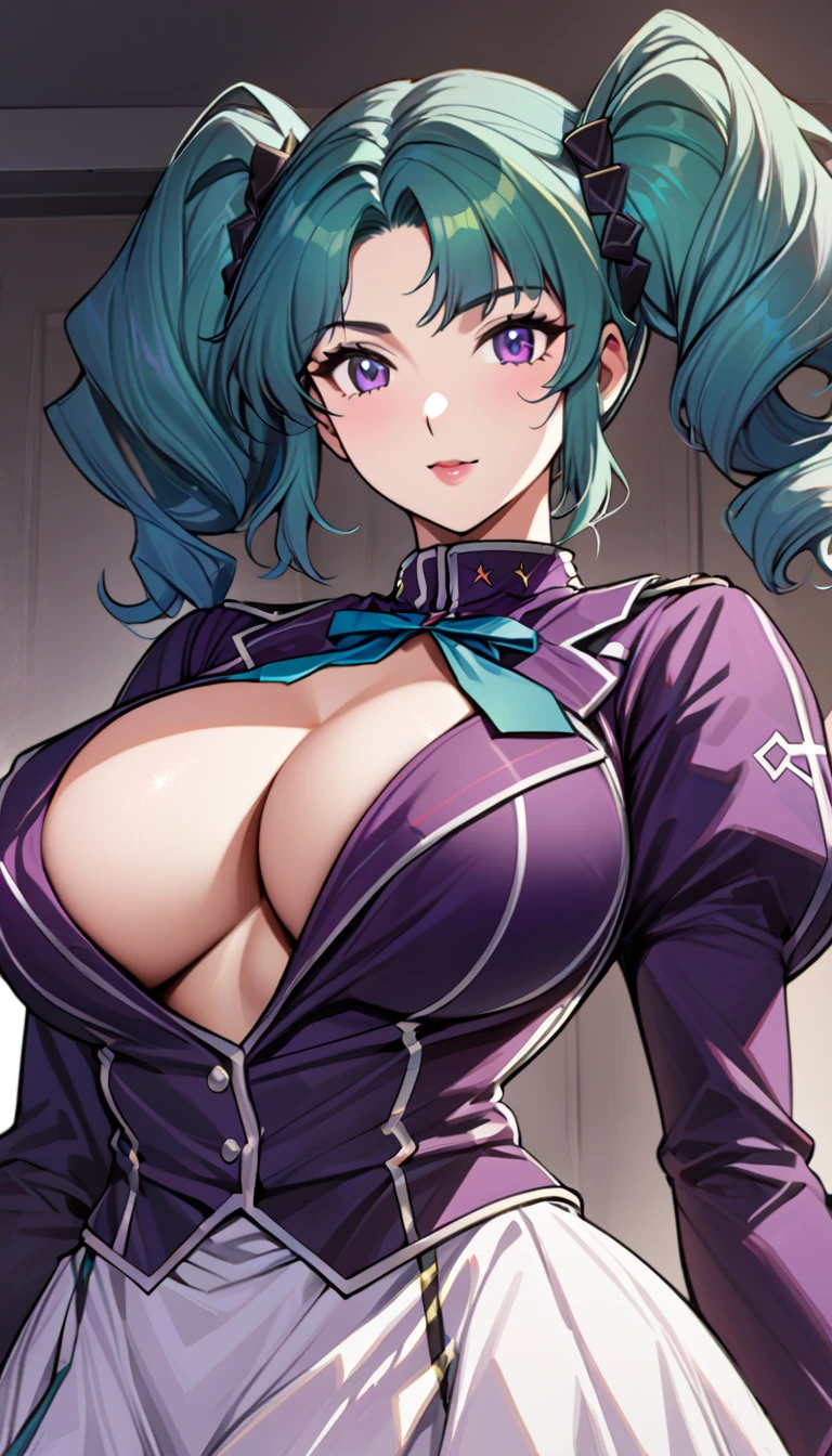 High detailed, kimtag, 1 girl, purple colored eyes, blue-green toned colored hair, twindrills hairstyle, busty, plump body, pink genetics's uniform, Juliet sleeves, ribbon, deep cleavage, white skirt, genetics's uniform, juliet sleeves, Ribbon, genetics's uniform