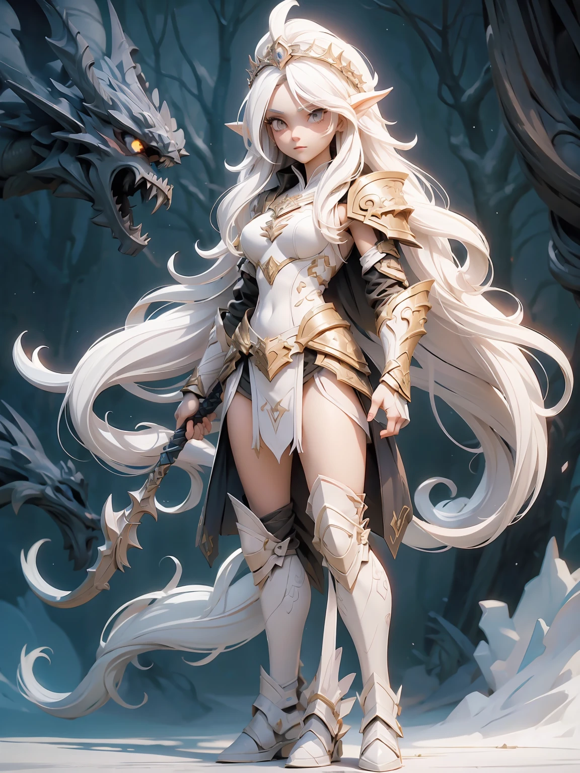 (((masterpiece, best quality, 8k)))Design a layout showcase Fantasy character, (1girl), ((mounted on a dragon)). Beautiful armor, wielding a spear, long white hair, wearing a tiara. ((detailed dragon:1.4)), white dragon, full of intricate details. (masterpiece:1.3), (best quality), 4k, ultra-detailed. (Dynamic pose, heroic stance:1.5), (dramatic lighting, atmospheric lighting). warrior, ((tiara:1.2)), (((long white hair:1.4))), spear, (((full_body_shot:1.5))). In a mystical landscape, high in the sky, with clouds and sunlight.