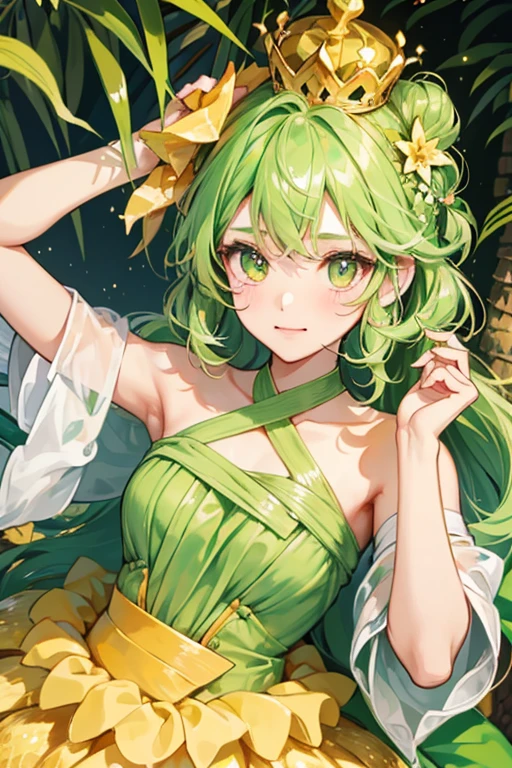 A pineapple GIRL bear with a squinting wink-eye. Her ears are made from sliced pineapple, and on top of her head is a light green "crown" of leaf to match her bow. SPARKLE; GLITTER