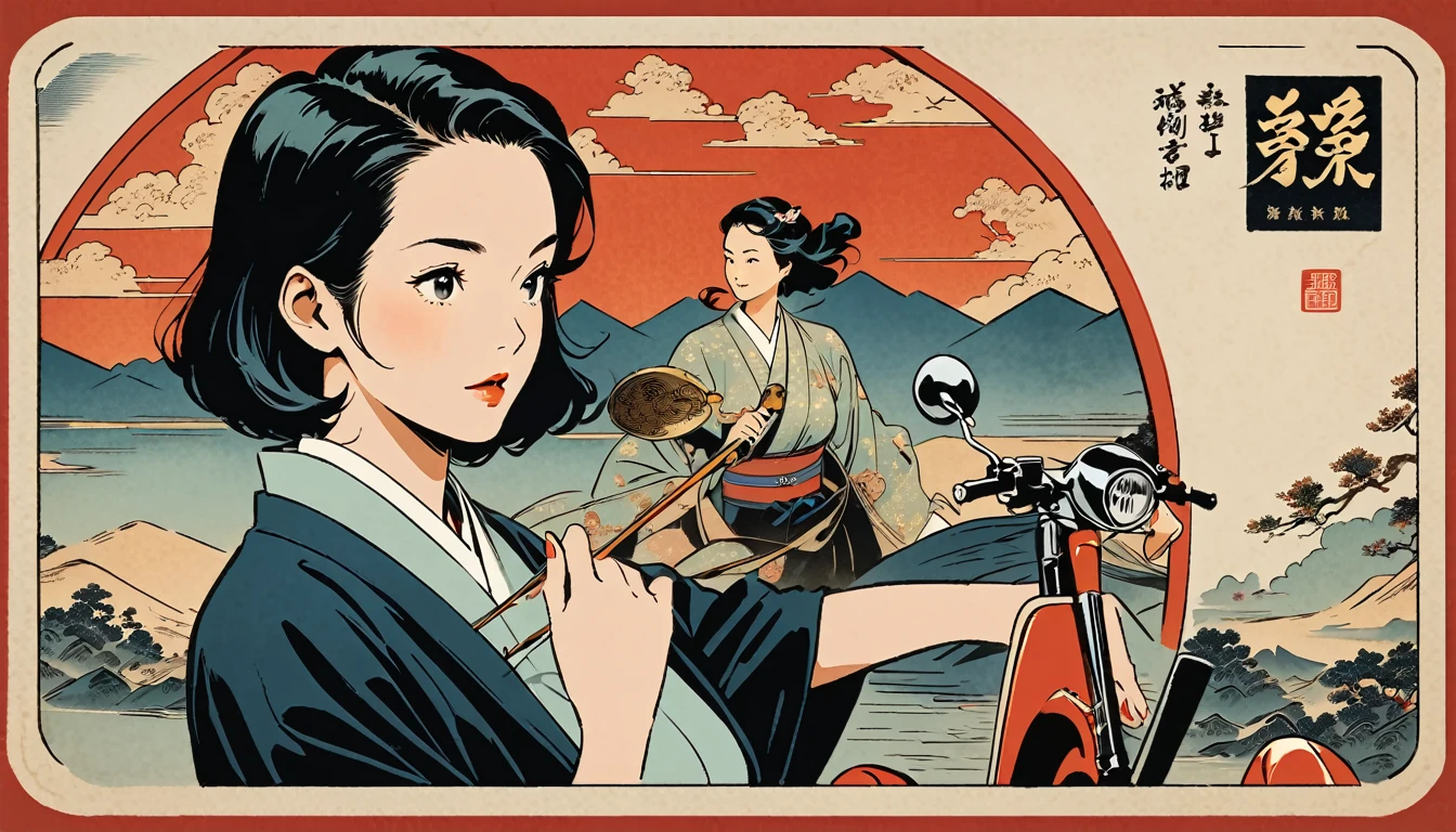 Image of a woman in her 50s riding a red scooter in front of the city, Mi Fu album cover, Topics on pixiv, Ukiyo-e, Music album covers, Music Album Art, musical, animeカバー, Music Records, Play music, style of akira motion movie, Music Theme, In Akira style, " anime, Album art cover