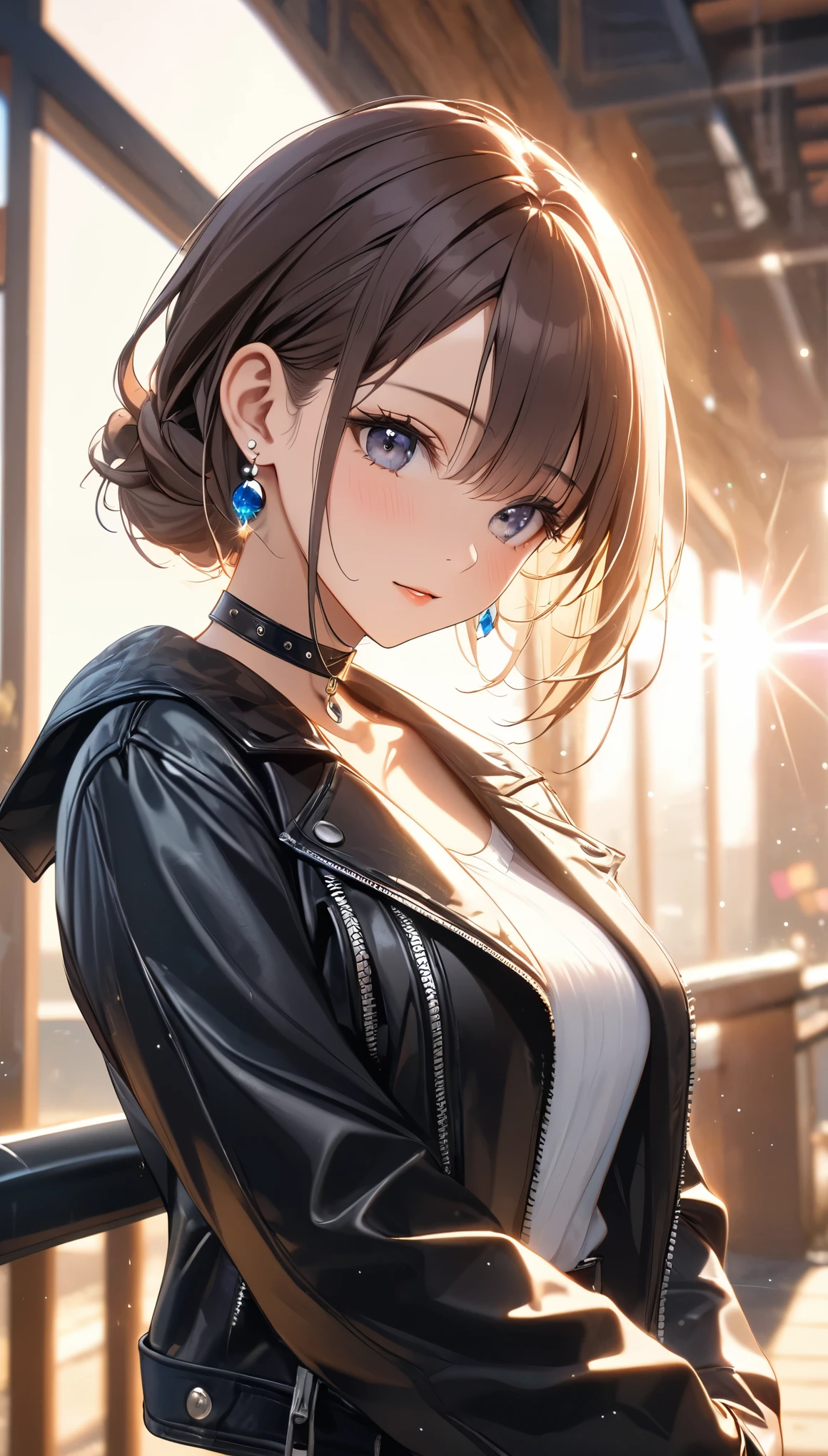 ((Biologically correct limb count))、(( Full-body photo including face))、4K、((Standing position))、masterpiece、((Focus on the face))、((Symmetrical facial features))、Eyes with detailed description、Beautiful woman、Excellent style、Beautiful clavicle、Beautiful feet、Beautiful Hands、Slender body、(rubber tights、garter belt、High heels)、Facial detailing、Small earrings、necklace、(rubber jacket、Rubber Skirt)、Face close-up、Lighting the face、tie、sunny、(((White framed photo)))、Fascinating、Night street、profile、((A photo of the moment you put on lipstick))