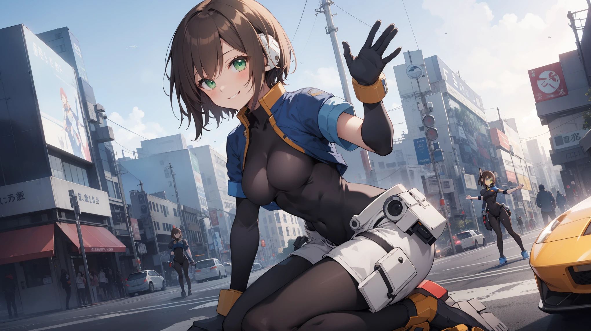 aile_megamanzx, kneeling with one hand on the ground and the other arm raised, 1girl, solo, short hair, brown hair, short sleeves, (bodysuit), robot ears, green eyes, short_shorts, short sleeves, short over long sleeves, smile, in futuristic city, , high quality, medium_breasts,crotch, slouch