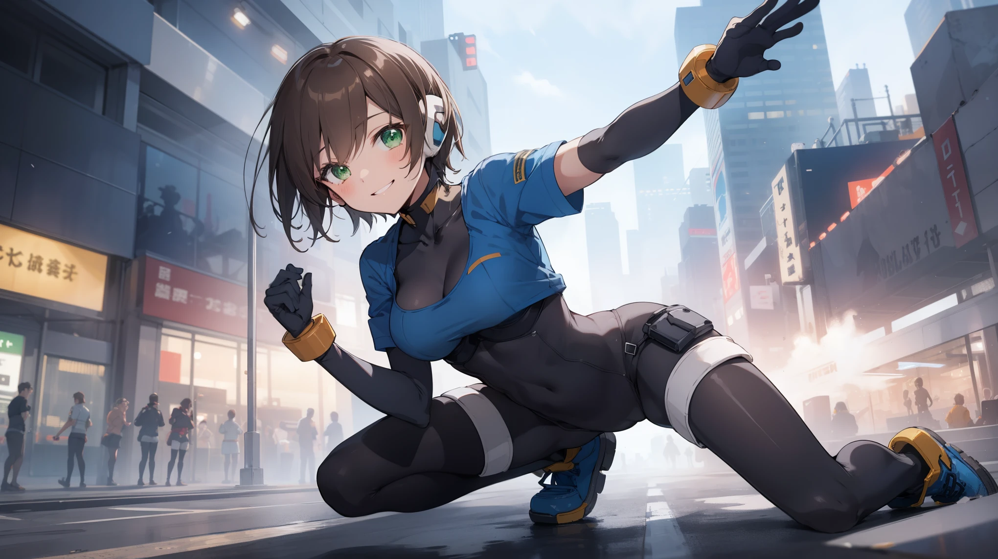 aile_megamanzx, kneeling with one hand on the ground and the other arm raised, 1girl, solo, short hair, brown hair, short sleeves, (bodysuit), robot ears, green eyes, very_short_shorts, short sleeves, short over long sleeves, smile, in futuristic city, , high quality, medium_breasts,crotch, slouch,groin