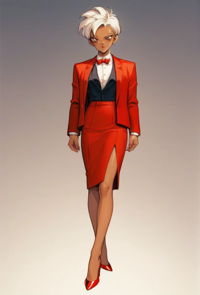 90s anime style dark Brown skinned female android from dragon ball z in a red skirt suit full body skinny formal red suit and formal red skirt and formal red heels and dark brown skin and white hair