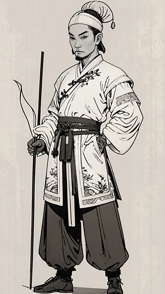 (((Monochrome)))、(((Ink Painting)))、((ancient china、Androgynous man with a bun hairstyle and a white swimming cap))、Hands on hips、Holding a stick in your right hand、Line art、Oriental、Ultra-high resolution、Game Poster、Crisp and beautiful image quality、whole body ,(ancient china鎧, Dragon head on shoulder, (ancient china鎧 with intricate pattern:1.2), gloves, Long trousers, (Very detailed, bloom:1.5), (Highest quality, Concept Art, 4K), (analog:1.2), (high sharpness), (Detailed pupil:1.1), Detailed face and eyes, masterpiece, Highest quality,8k, (Black Hair, Dynamic Short Hair), (PurerosFace_v1:0.2), [:(Detailed face:1.2):0.2], sharp, Realistic Shadows, 