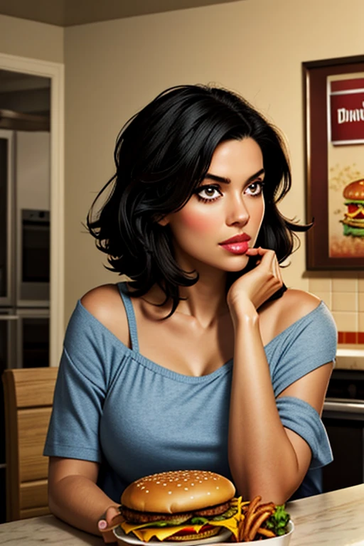 Elaine,shoulder-length black hair,eyes browns, thin lips, Round face, breasts big, in the kitchen eating burger and fries ,detailed artwork.