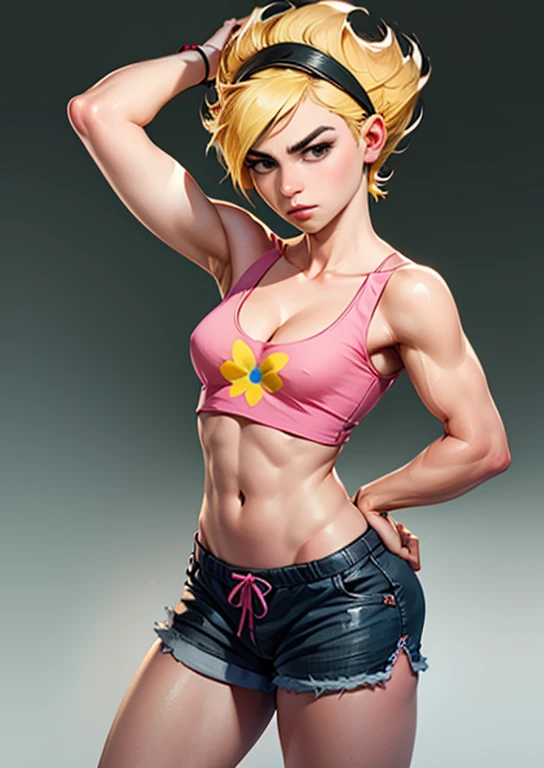 masterpiece, high quality, highres, absurdres, booty shorts. mandy, blonde hair, short hair, black eyes, black headband, sharp hair, ,expressionless, pink camisole crop top, 1girl, ((medium breasts, cleavage, arms raised)), interesting background