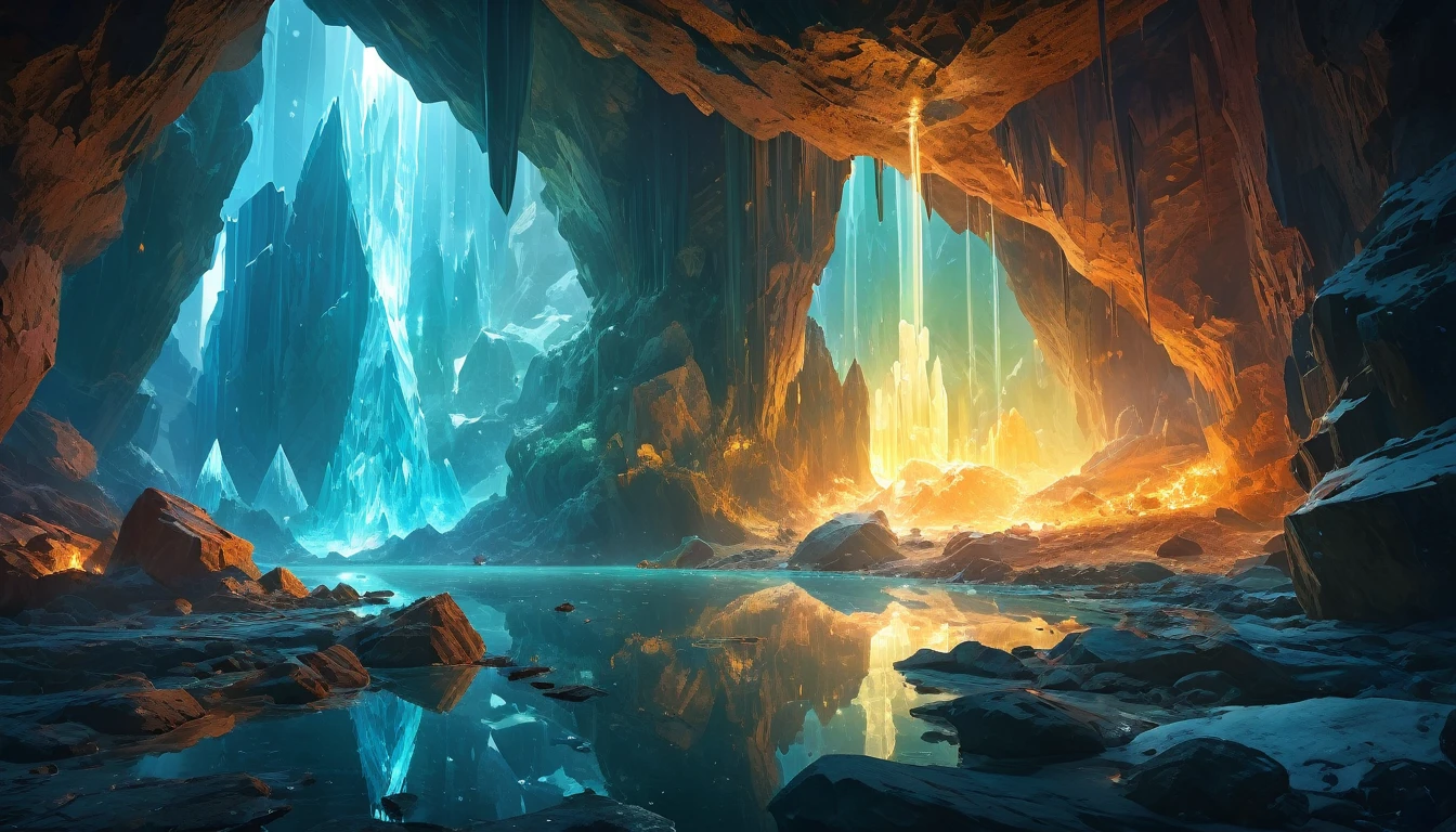 (by Marc Simonetti:1.2), Crystal Cave, crystal rock, Crystal Reflection, light, illumination, Glowing particle composition), Ultra Wide Angle, Octane Rendering, Strengthen, complicated, (highest quality, masterpiece, Representative works, Official Art, Professional, unity 8k wallpaper:1.3)