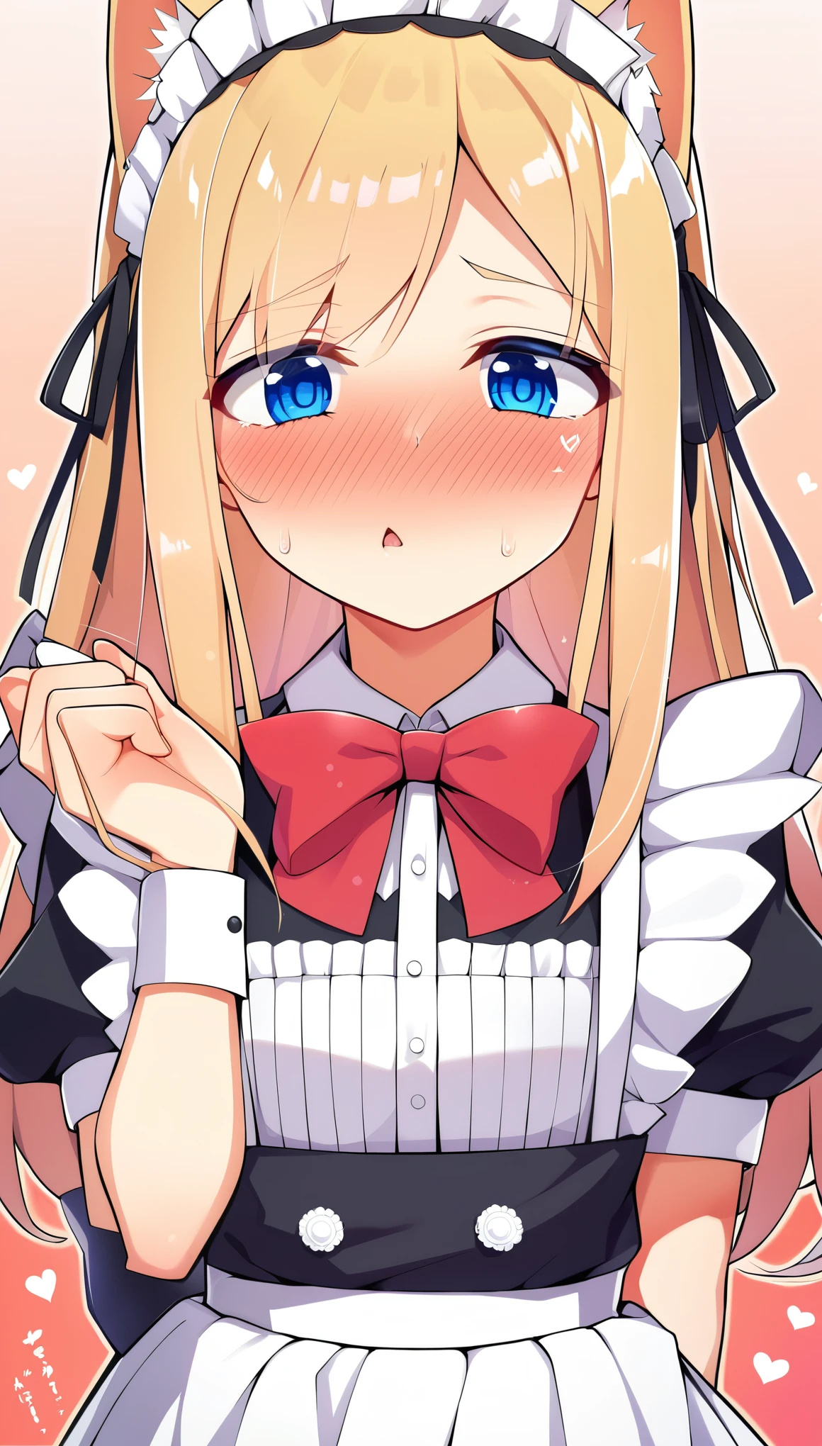 One Girl, Cat ear, Blonde with white mesh hair, naive, aphrodisiac, Maid, Bright Blue Eyes, blush, Erotic hypnosis, Are standing, Face Focus, shy, bow, Heart Eyes, 13 years old, Girls love me