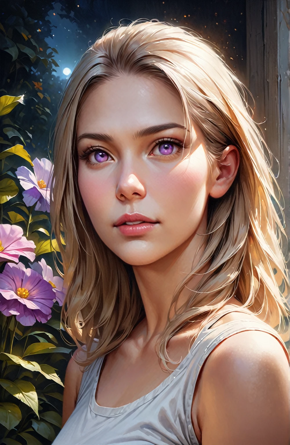 (highest quality,4K,8k,High resolution,masterpiece:1.2),Very detailed,(Realistic,photoRealistic,photo-Realistic:1.37),oil,Beautiful fine details,beautiful lip detail,Long eyelashes,Purple eyes,Girl with long white hair,Blushing,wearing crop tops and skirts,Night view,moonlight,Flowers,Shining Eyes,sunlight