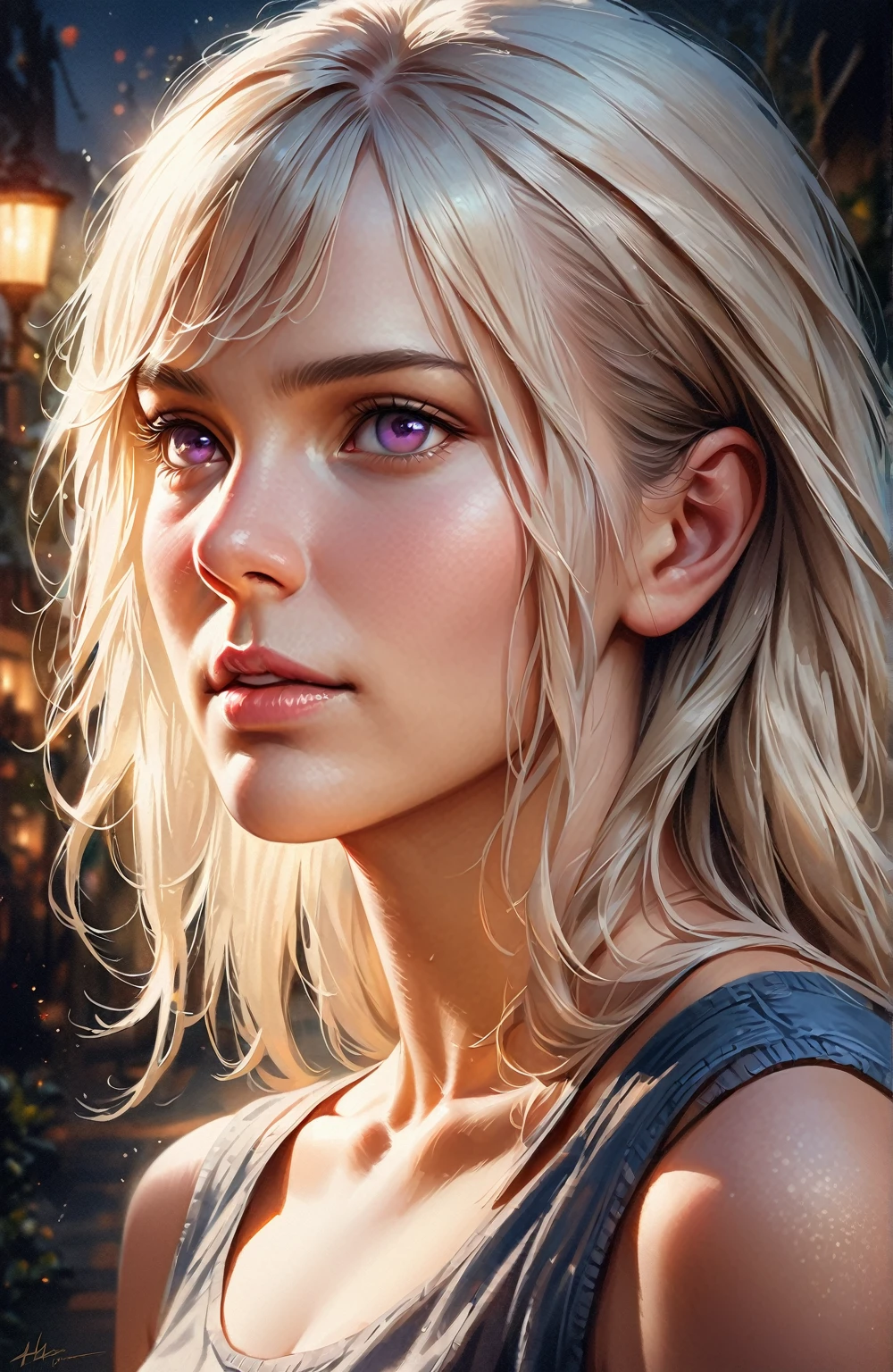 (highest quality,4K,8k,High resolution,masterpiece:1.2),Very detailed,(Realistic,photoRealistic,photo-Realistic:1.37),oil,Beautiful fine details,beautiful lip detail,Long eyelashes,Purple eyes,Girl with long white hair,Blushing,wearing crop tops and skirts,Night view,moonlight,Flowers,Shining Eyes,sunlight